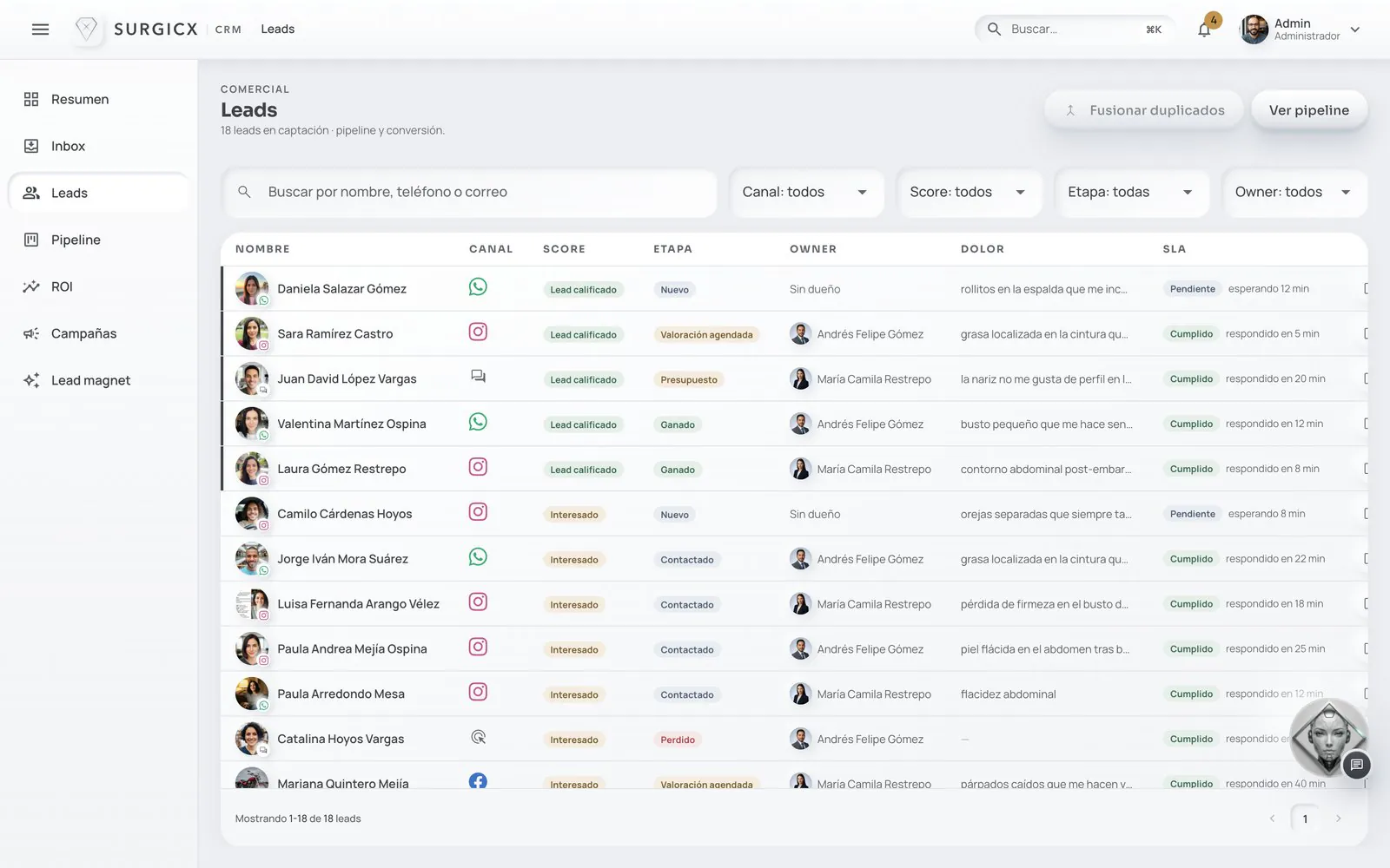 SURGICX CRM: bandeja de leads