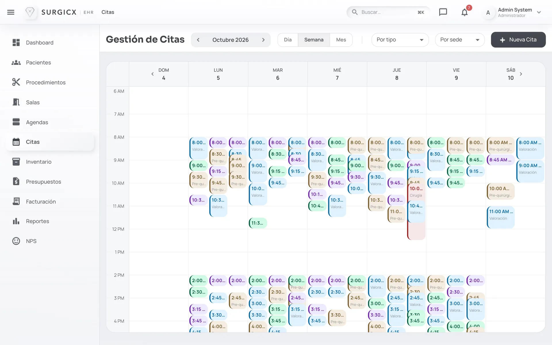 SURGICX EHR · Agenda: vista Semana
